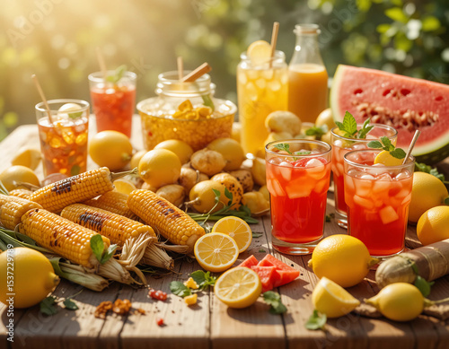 A bright tabletop scene featuring summer picnic or barbecue items (grilled corn, lemons, watermelon slices, cold drinks on a wooden table)