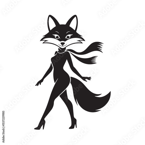 Fox elegant female cartoon character in stylish pose with scarf and heels illustration