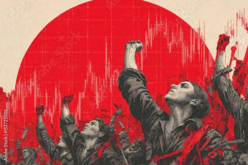 Dynamic artistic illustration combining uprising themes with data and economic symbolism