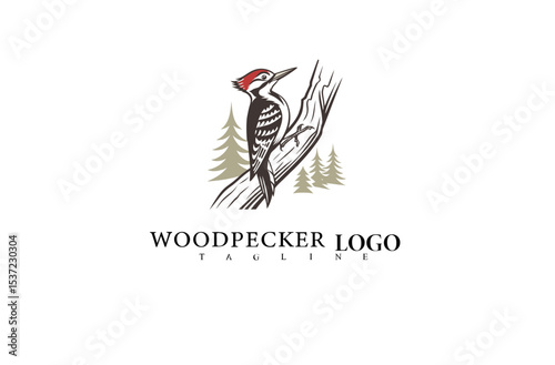 Stylish Tree Logo Design with Graceful Woodpecker Vector. Ideal for Wildlife Labels, Eco Outdoor Brands, and Forest Product Branding Concepts for Nature Companies.

