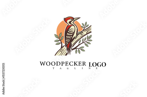 Clean and Elegant Bird Vector Featuring Woodpecker on Tree. Nature Logo Design Ideal for Wildlife Product Packaging and Outdoor Business Campaign Branding.

