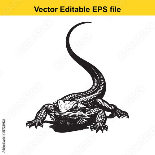 Detailed Monochrome Vector Illustration of a Bearded Dragon An Intricate Drawing for Graphic Design and Animal Art Enthusiasts Featuring a Scaled Reptile