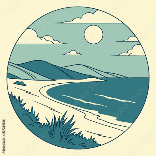 A beautiful beach with hills stretches towards the calm ocean and sun inside a circle