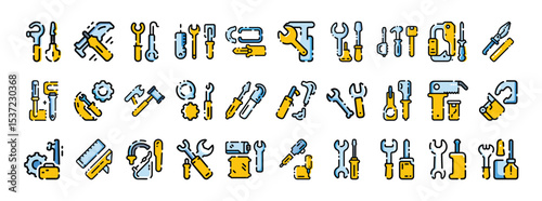 Set of Construction and Repair Tool Icons – Collection of Equipment, Instruments, and Hand Tools