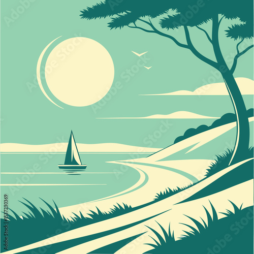 A sailboat floats near the curving shoreline beneath the sun and a serene tree