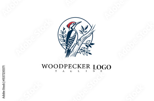 Nature-Themed Bird Logo Featuring a Woodpecker on Tree Trunk. Elegant Vector Illustration for Wildlife Advocacy Groups, Eco Branding, and Outdoor Gear Logos.

