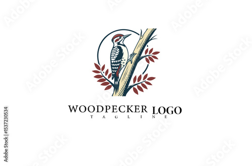 Woodpecker Bird Logo with Tree Trunk Detail in Vector Format. Elegant Nature Design Ideal for Wildlife Company Logos, Outdoor Adventure Brands, and Eco Product Labels.

