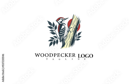 Forest Bird Logo Featuring Elegant Woodpecker on Tree. Vector Illustration for Wildlife Product Packaging, Nature-Themed Brand Identity, and Environmental Awareness Design.


