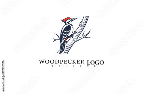 Graceful Woodpecker Bird Logo Vector Design. Perched Bird on Tree for Eco Company Branding, Wildlife Adventure Products, and Outdoor Campaign Identity Illustrations.

