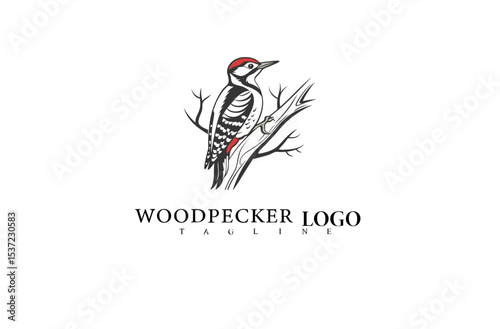 Stylish Nature Bird Logo with Woodpecker on Tree Trunk. Elegant Vector Illustration for Forest Branding, Wildlife Organizations, and Outdoor Lifestyle Product Designs.

