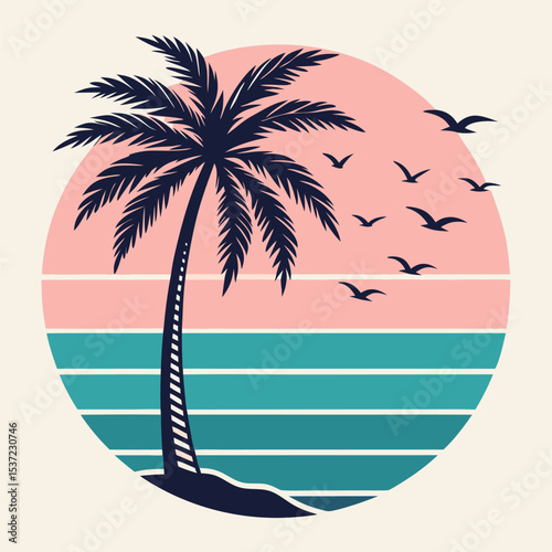Retro palm tree silhouette with birds evokes a serene tropical vibe inside a circle