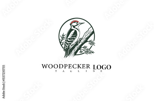 Elegant Perched Bird Logo Featuring Woodpecker. Nature-Inspired Vector Illustration for Forest Branding, Wildlife Product Identity, and Eco Company Logos.

