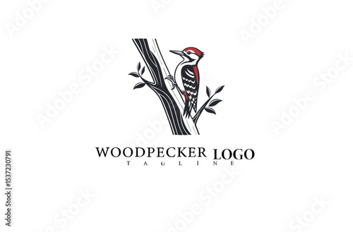 Vector Bird Logo Featuring Elegant Woodpecker Perched on Tree. Nature Illustration for Eco Business Identity, Outdoor Brand Packaging, and Wildlife Labeling Projects.

