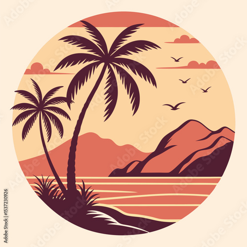 Serene palm trees silhouette against colorful sky with distant island and soaring birds circle shape