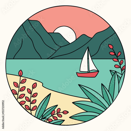 Sailboat sails across vibrant teal ocean water during sunset framed by verdant mountains and plants