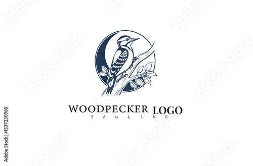 Woodpecker on Tree Logo Design. Elegant Vector Bird Illustration for Nature-Conscious Branding, Outdoor Product Identity, and Wildlife Protection Project Logos.

