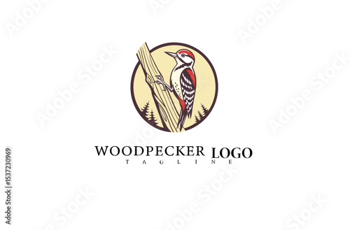 Graceful Woodpecker Logo Design with Tree Perch Detail. Vector Art for Wildlife Organization Identity, Nature Retail Brands, and Outdoor Packaging Design Concepts.

