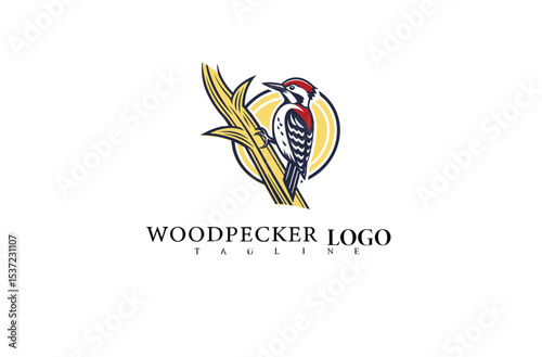 Eco-Focused Logo Featuring Woodpecker Perched on Tree. Elegant Bird in Vector Illustration Style Ideal for Nature-Driven Businesses, Wildlife Charities, and Branding Materials.

