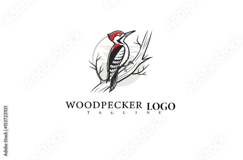 Woodpecker Bird and Tree Logo in Simple Vector Form. Elegant Natural Illustration for Sustainable Business Branding, Forest Outreach, and Outdoor Product Design.

