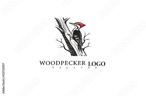 Minimalist Forest Logo Featuring Woodpecker on Tree. Elegant Bird Vector Art for Nature Products, Wildlife Preservation, and Eco Lifestyle Brand Identity Concepts.

