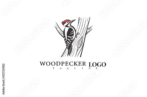 Elegant Wildlife Bird Logo Design with Woodpecker on Tree Trunk. Vector Art for Forest Branding, Nature-Inspired Identity, and Outdoor Business Product Design.

