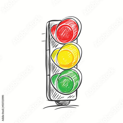 Hand drawn sketch of a traffic light showing red yellow and green lights with design
