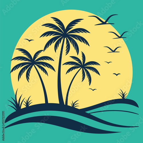 Tropical blue palms sit near turquoise sea as birds fly near sunset