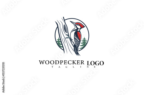 Clean and Bold Woodpecker Logo Design in Vector Style. Elegant Bird on Tree Trunk Illustration Ideal for Nature-Inspired Brands and Environmental Awareness Projects.

