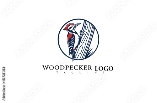 Woodpecker Bird Vector Logo Design with Forest Theme. Elegant Tree Perched Bird Illustration Perfect for Wildlife Groups, Nature Organizations, and Outdoor Brands.

