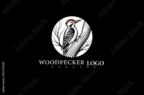 Wildlife Bird Logo Featuring Elegant Woodpecker Perched on Tree. Vector Art Ideal for Eco Campaigns, Forest-Themed Packaging, and Nature Business Identity Concepts.

