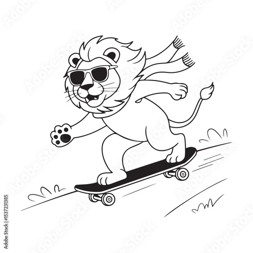 Lion skateboarding downhill with sunglasses and scarf cartoon animal vector illustration