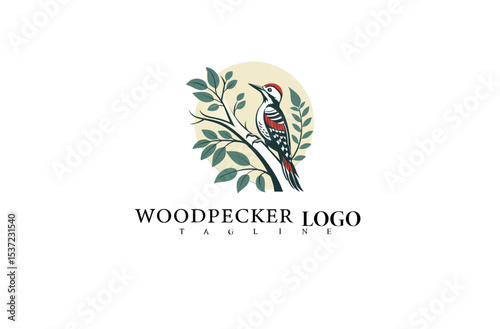 Forest Logo Design Featuring Perched Woodpecker Bird. Vector Style Perfect for Nature Brands, Environmental Causes, Wildlife Packaging, and Sustainable Company Identity.

