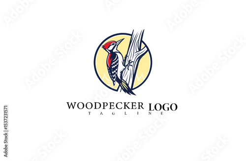 Woodpecker Silhouette Vector Logo Design. Perched Bird on Tree Trunk Illustration Perfect for Eco Lifestyle Branding, Forest Products, and Wildlife Organization Logos.

