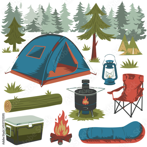 Camping Scene with Tent, Campfire, and Outdoor Gear