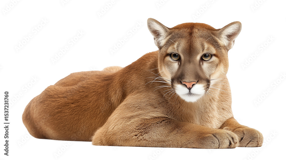 Obraz premium Majestic Cougar Lying Comfortably on White Background, png element with transparency