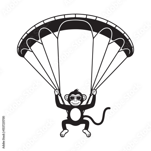 Monkey parachuting with big parachute flying animal silhouette vector illustration
