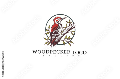 Minimalistic Woodpecker Bird Logo on Tree. Elegant Vector Style for Eco-Conscious Brands, Wildlife-Friendly Products, and Outdoor Nature Organization Logos.


