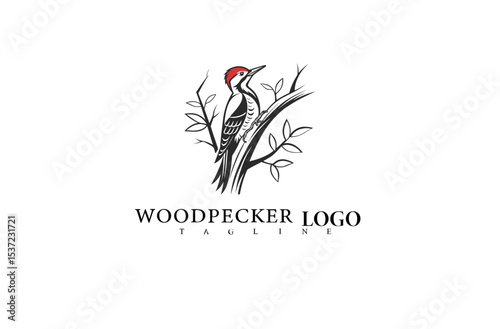 Woodpecker Nature Logo in Clean Vector Design. Elegant Bird on Tree Illustration for Forest Conservation, Wildlife Branding, and Outdoor Eco Business Identity.

