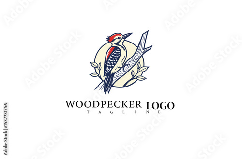 Elegant and Detailed Woodpecker Logo Design in Vector Format. Bird Perched on Tree for Nature Lovers, Wildlife Nonprofits, and Environmentally Minded Brand Identities.

