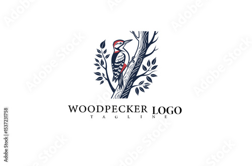 Perched Woodpecker Vector Logo Design. Nature-Inspired Bird on Tree Trunk Illustration Ideal for Eco Lifestyle Branding, Wildlife Groups, and Natural Product Packaging.

