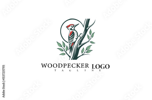 Clean Vector Woodpecker Logo Design. Elegant Bird on Tree Trunk for Nature Enthusiasts, Forest-Themed Brands, and Sustainable Wildlife Organization Logos.

