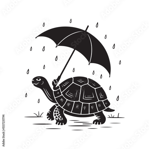 Turtle walking in rain holding umbrella cute animal silhouette vector illustration
