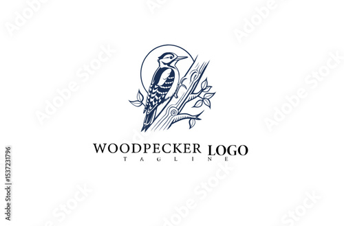 Forest Bird Logo Design with Perched Woodpecker Illustration. Vector Style Perfect for Eco Campaigns, Nature-Focused Businesses, and Outdoor Lifestyle Branding.

