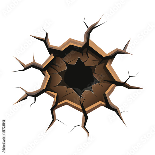 Cracked wall hole vector illustration depicting damage and destruction on white background