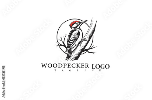Wildlife-Themed Woodpecker Logo with Tree Trunk Perch. Elegant Vector Bird Design Ideal for Nature Companies, Environmental Projects, and Natural Product Packaging.

