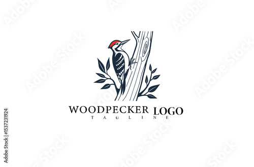 Elegant and Simple Woodpecker Bird Logo Design. Tree Trunk Perch Vector for Nature Product Branding, Wildlife Logos, and Eco-Focused Brand Identity Illustration.

