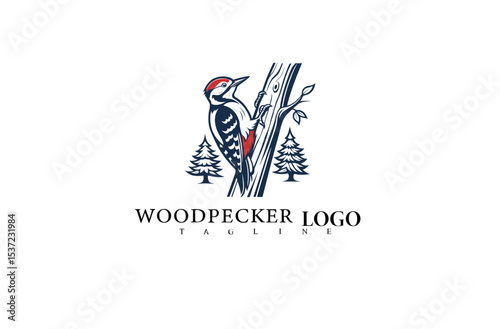 Elegant Woodpecker Logo with Forest Detail. Stylish Bird Vector Perched on Tree for Nature-Themed Product Branding, Outdoor Logos, and Wildlife Conservation Projects.

