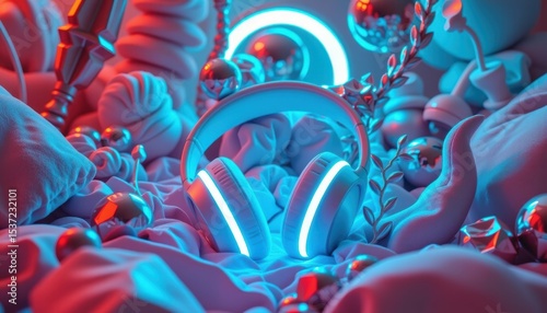 Vibrant Headphones Display Abstract Background Digital Art Creative Environment Close-Up Modern Design