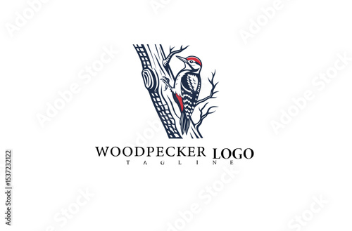 Tree Trunk Bird Logo Design with Elegant Woodpecker. Nature-Based Vector Illustration for Outdoor Gear Brands, Environmental Projects, and Forest Business Identities.

