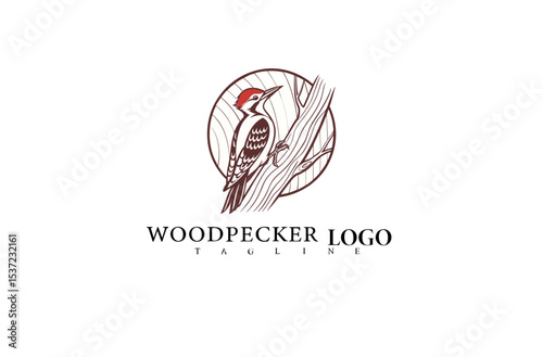 Majestic Woodpecker Logo Design for Eco-Friendly Businesses. Vector Illustration of Bird on Tree Trunk. Nature Branding Perfect for Outdoor, Wildlife, and Green Initiatives.

